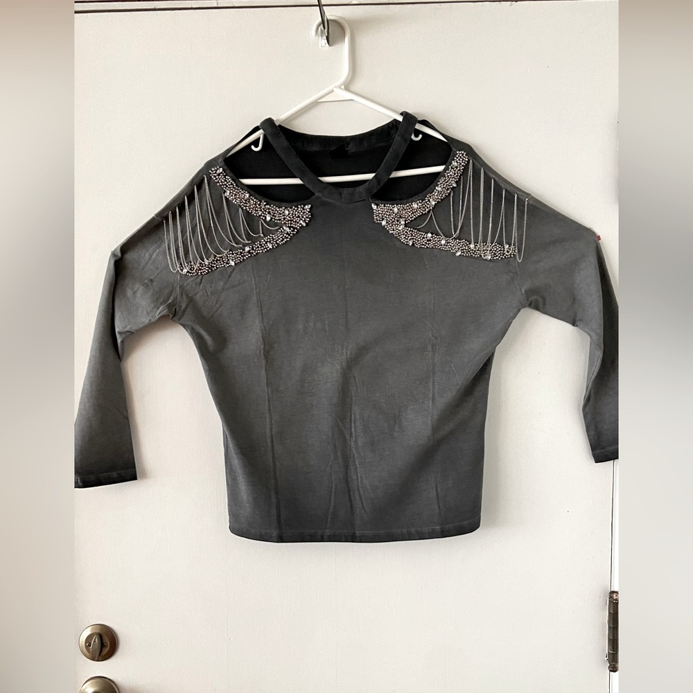 ZARGA grey ombré embellished rhinestone & chain cut out casual top size Medium